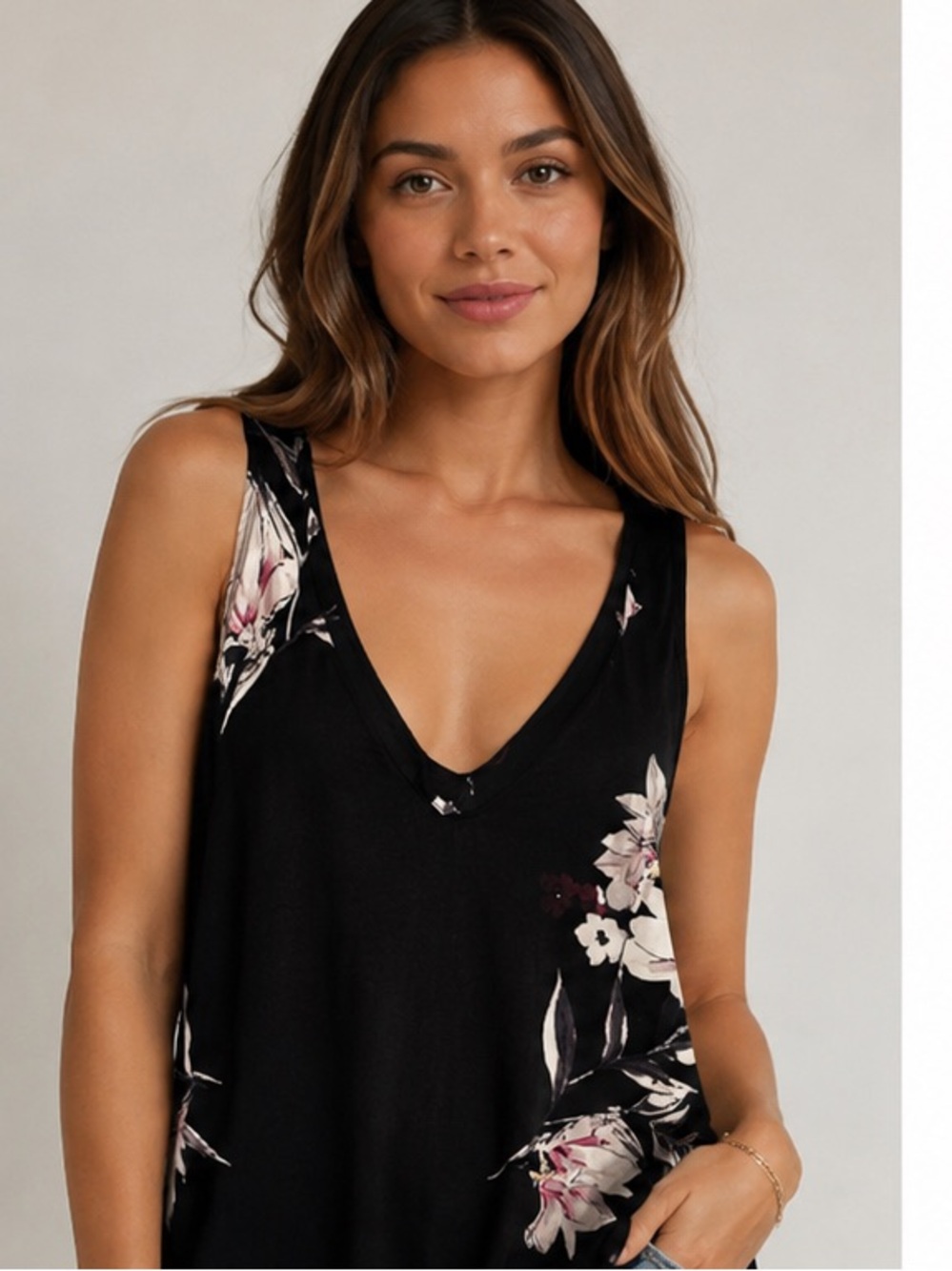 Dynamite  Floral V-Neck Tank Top - Black